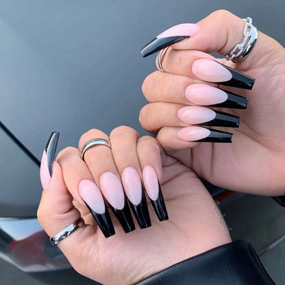 24pcs Press on Nails Punk Black White Patchwork Fire Pattern Long Coffin False Nails Ballerina Fake Nail Art Manicure Full Tips