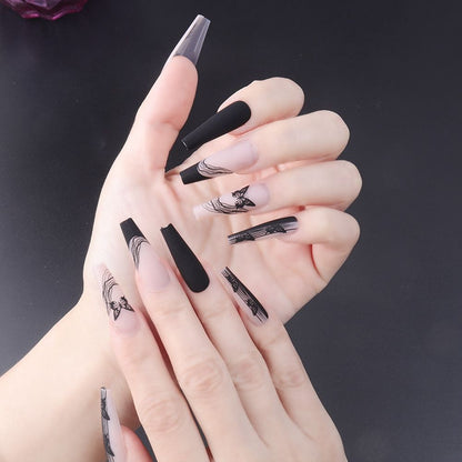 24pcs Press on Nails Punk Black White Patchwork Fire Pattern Long Coffin False Nails Ballerina Fake Nail Art Manicure Full Tips