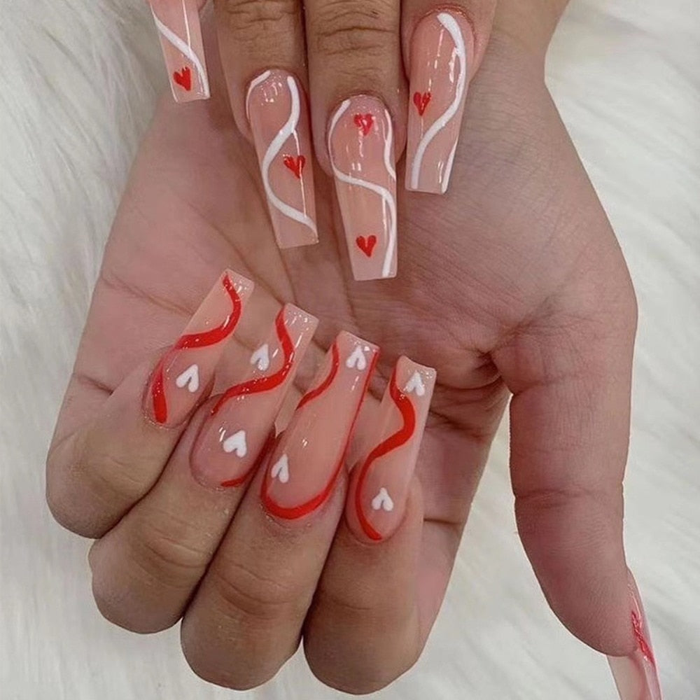 24pcs Press on Nails Punk Black White Patchwork Fire Pattern Long Coffin False Nails Ballerina Fake Nail Art Manicure Full Tips
