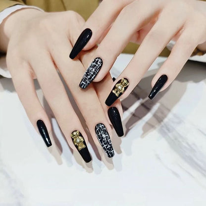 24pcs Press on Nails Punk Black White Patchwork Fire Pattern Long Coffin False Nails Ballerina Fake Nail Art Manicure Full Tips