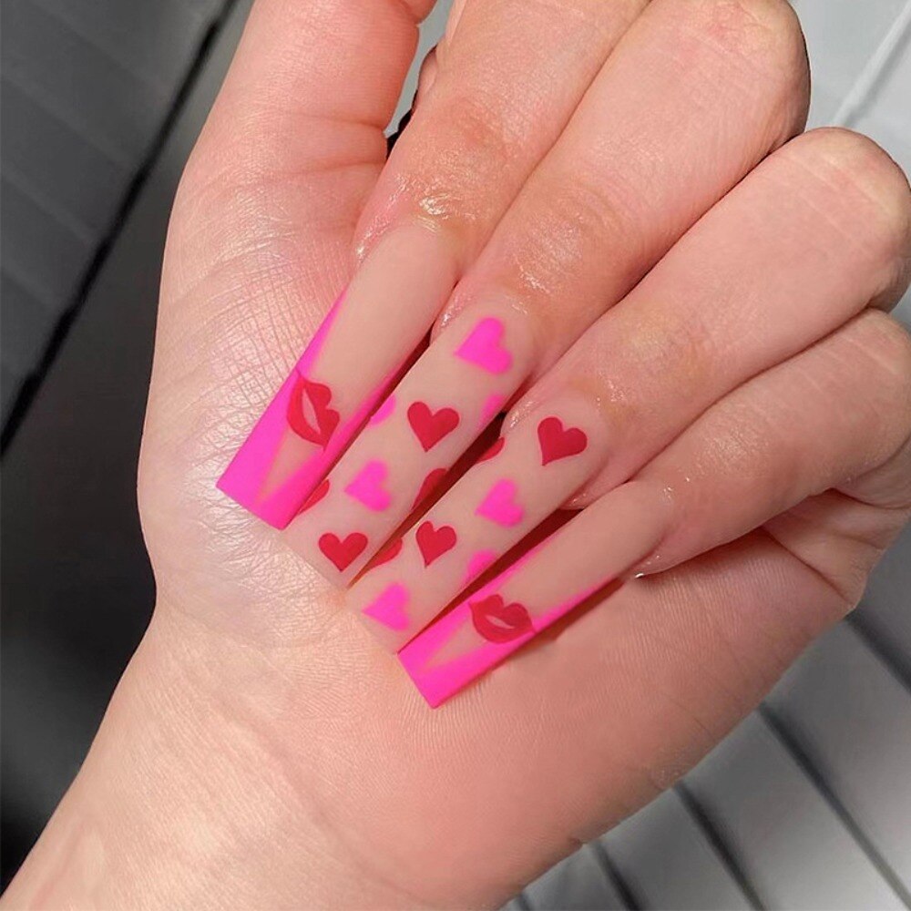 24pcs Press on Nails Punk Black White Patchwork Fire Pattern Long Coffin False Nails Ballerina Fake Nail Art Manicure Full Tips