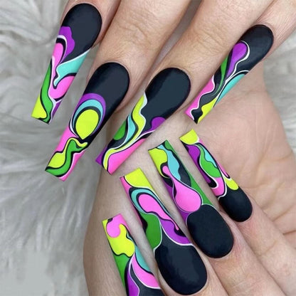24pcs Press on Nails Punk Black White Patchwork Fire Pattern Long Coffin False Nails Ballerina Fake Nail Art Manicure Full Tips