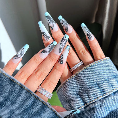 24pcs Press on Nails Punk Black White Patchwork Fire Pattern Long Coffin False Nails Ballerina Fake Nail Art Manicure Full Tips
