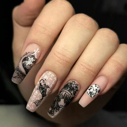24pcs Press on Nails Punk Black White Patchwork Fire Pattern Long Coffin False Nails Ballerina Fake Nail Art Manicure Full Tips