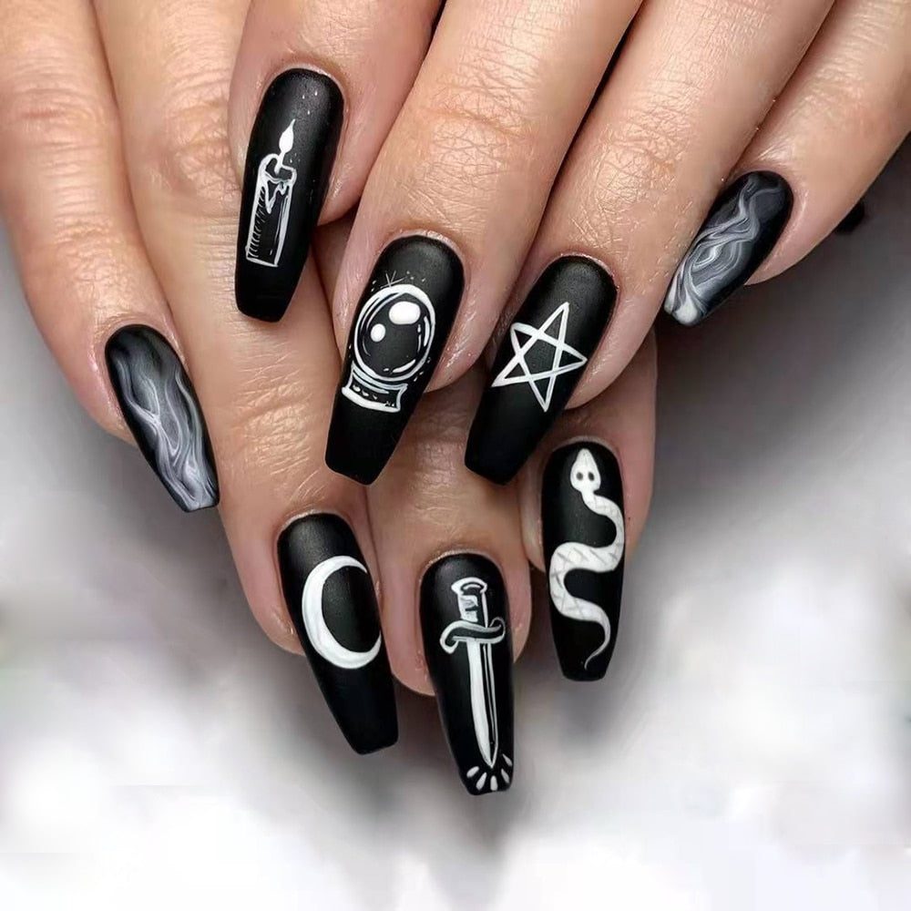 24pcs Press on Nails Punk Black White Patchwork Fire Pattern Long Coffin False Nails Ballerina Fake Nail Art Manicure Full Tips