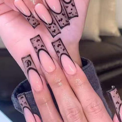 24pcs Press on Nails Punk Black White Patchwork Fire Pattern Long Coffin False Nails Ballerina Fake Nail Art Manicure Full Tips