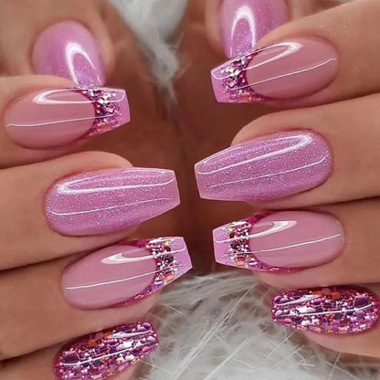 24pcs Removeable False Nails with Glue Ballet Nails with Designs Gradient Shinny Brown Press on Nails Coffin Glitter Fake Nails