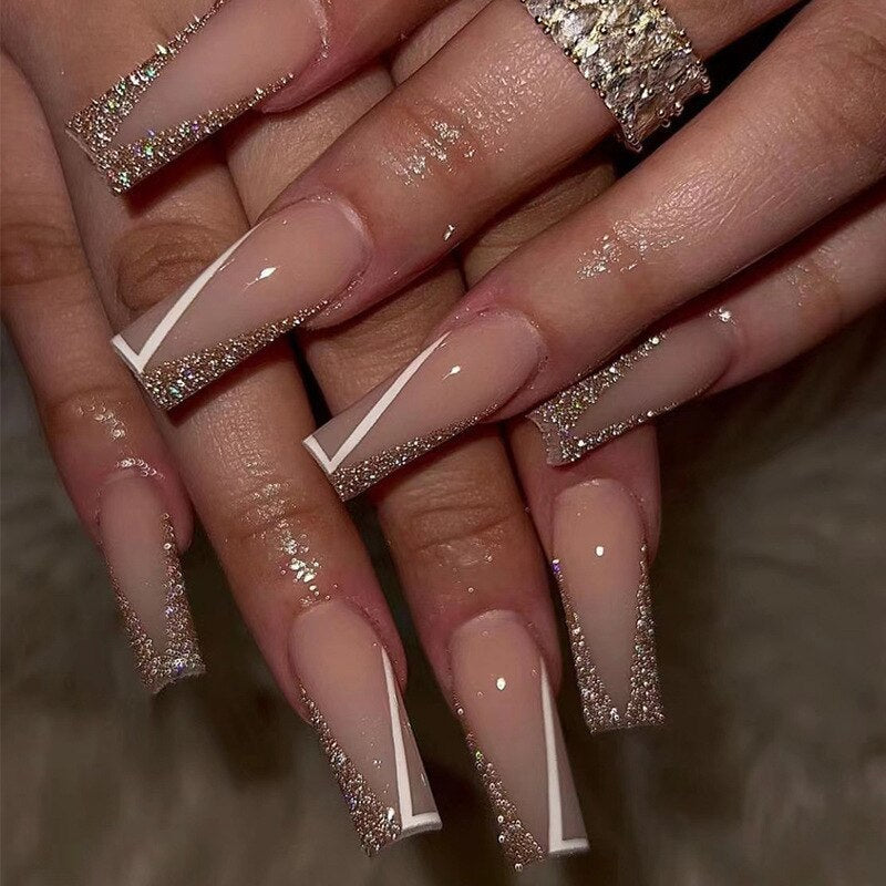 24pcs Removeable False Nails with Glue Ballet Nails with Designs Gradient Shinny Brown Press on Nails Coffin Glitter Fake Nails