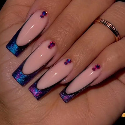 24pcs Removeable False Nails with Glue Ballet Nails with Designs Gradient Shinny Brown Press on Nails Coffin Glitter Fake Nails