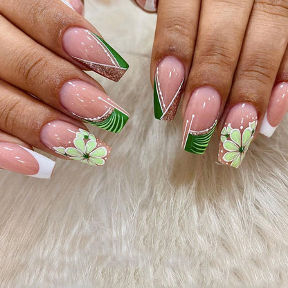 24pcs Removeable False Nails with Glue Ballet Nails with Designs Gradient Shinny Brown Press on Nails Coffin Glitter Fake Nails