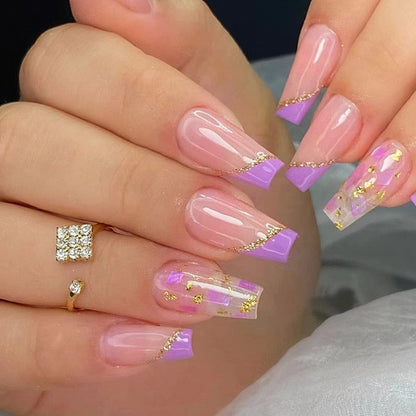 24pcs Removeable False Nails with Glue Ballet Nails with Designs Gradient Shinny Brown Press on Nails Coffin Glitter Fake Nails