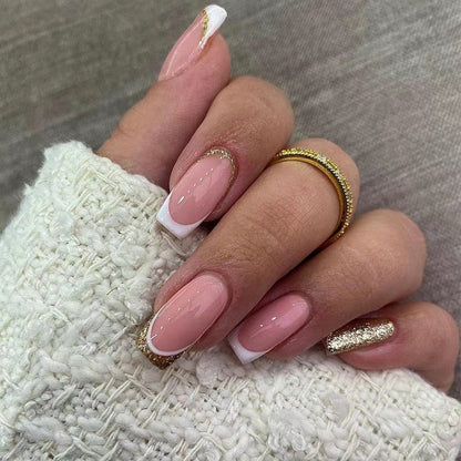 24pcs Removeable False Nails with Glue Ballet Nails with Designs Gradient Shinny Brown Press on Nails Coffin Glitter Fake Nails