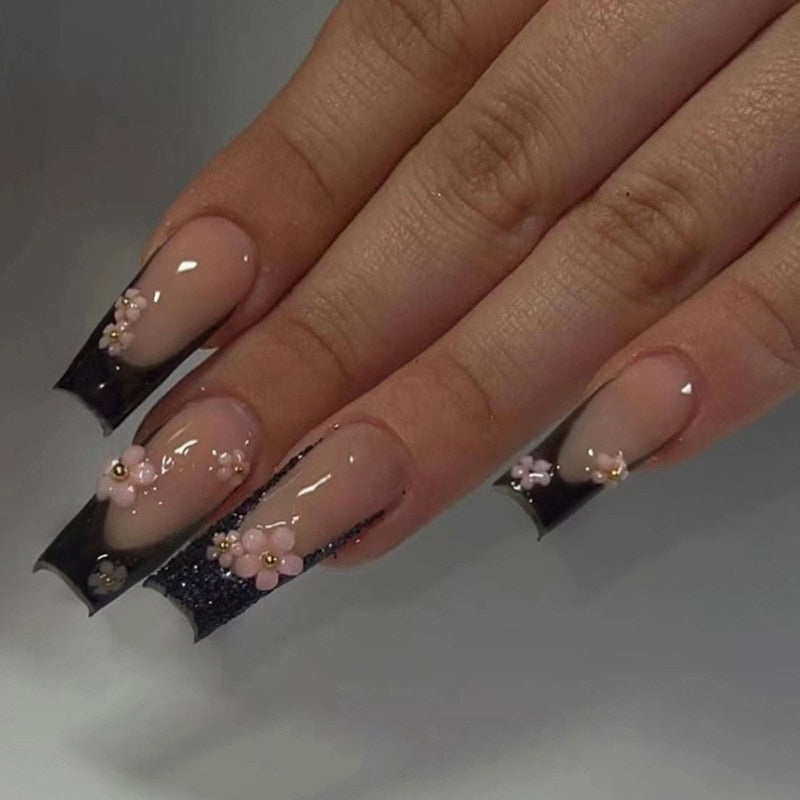 24pcs Removeable False Nails with Glue Ballet Nails with Designs Gradient Shinny Brown Press on Nails Coffin Glitter Fake Nails