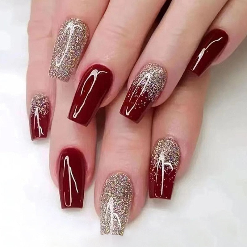 24pcs Removeable False Nails with Glue Ballet Nails with Designs Gradient Shinny Brown Press on Nails Coffin Glitter Fake Nails