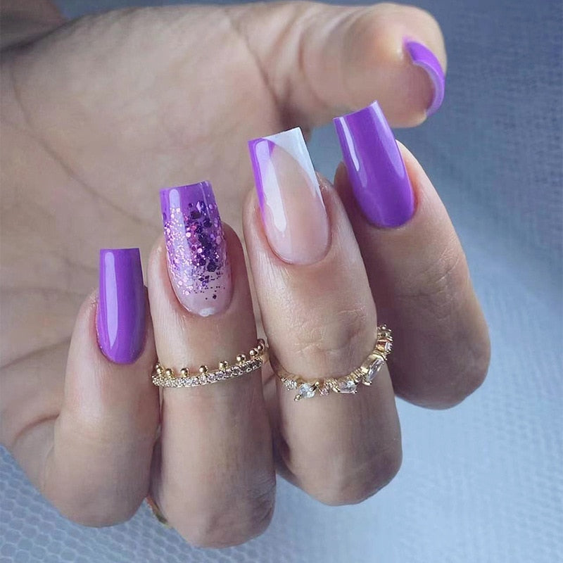 24pcs Removeable False Nails with Glue Ballet Nails with Designs Gradient Shinny Brown Press on Nails Coffin Glitter Fake Nails