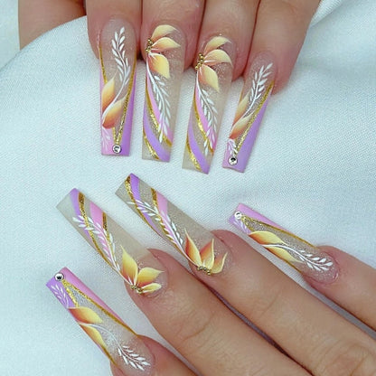 24pcs Removeable False Nails with Glue Ballet Nails with Designs Gradient Shinny Brown Press on Nails Coffin Glitter Fake Nails