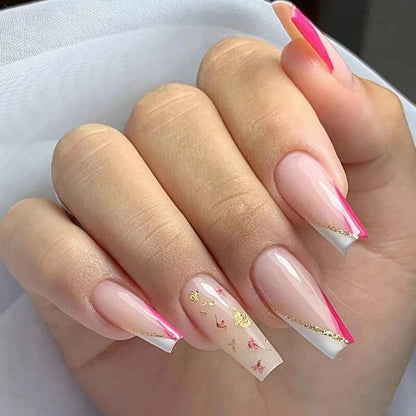 24pcs Removeable False Nails with Glue Ballet Nails with Designs Gradient Shinny Brown Press on Nails Coffin Glitter Fake Nails