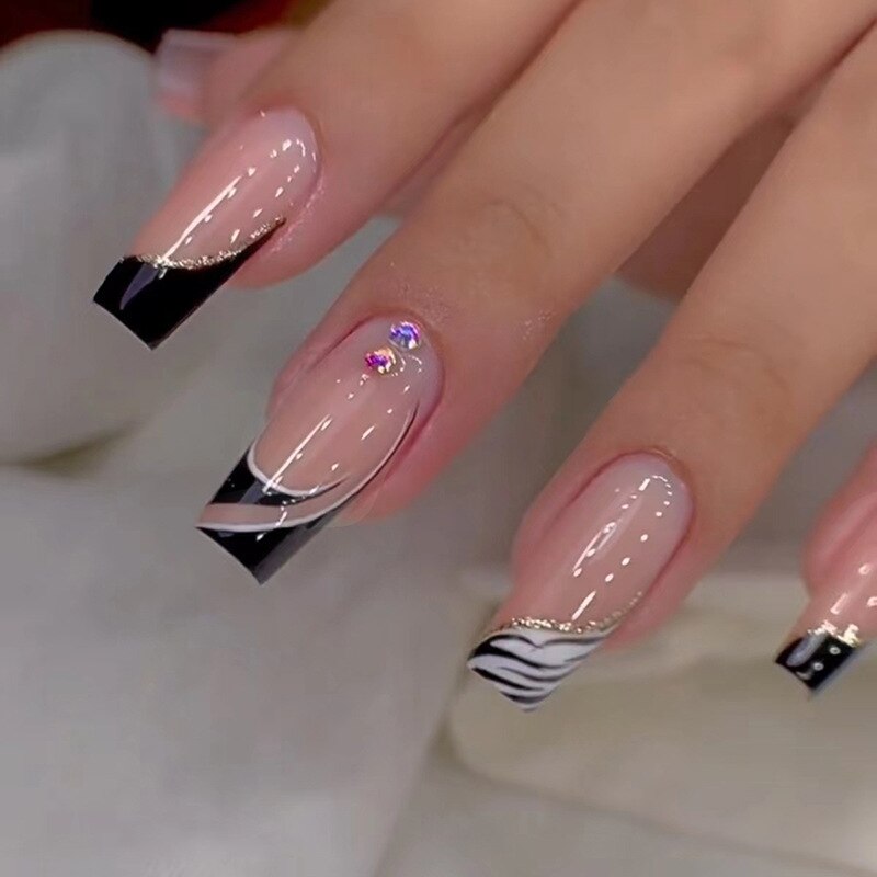 24pcs Removeable False Nails with Glue Ballet Nails with Designs Gradient Shinny Brown Press on Nails Coffin Glitter Fake Nails