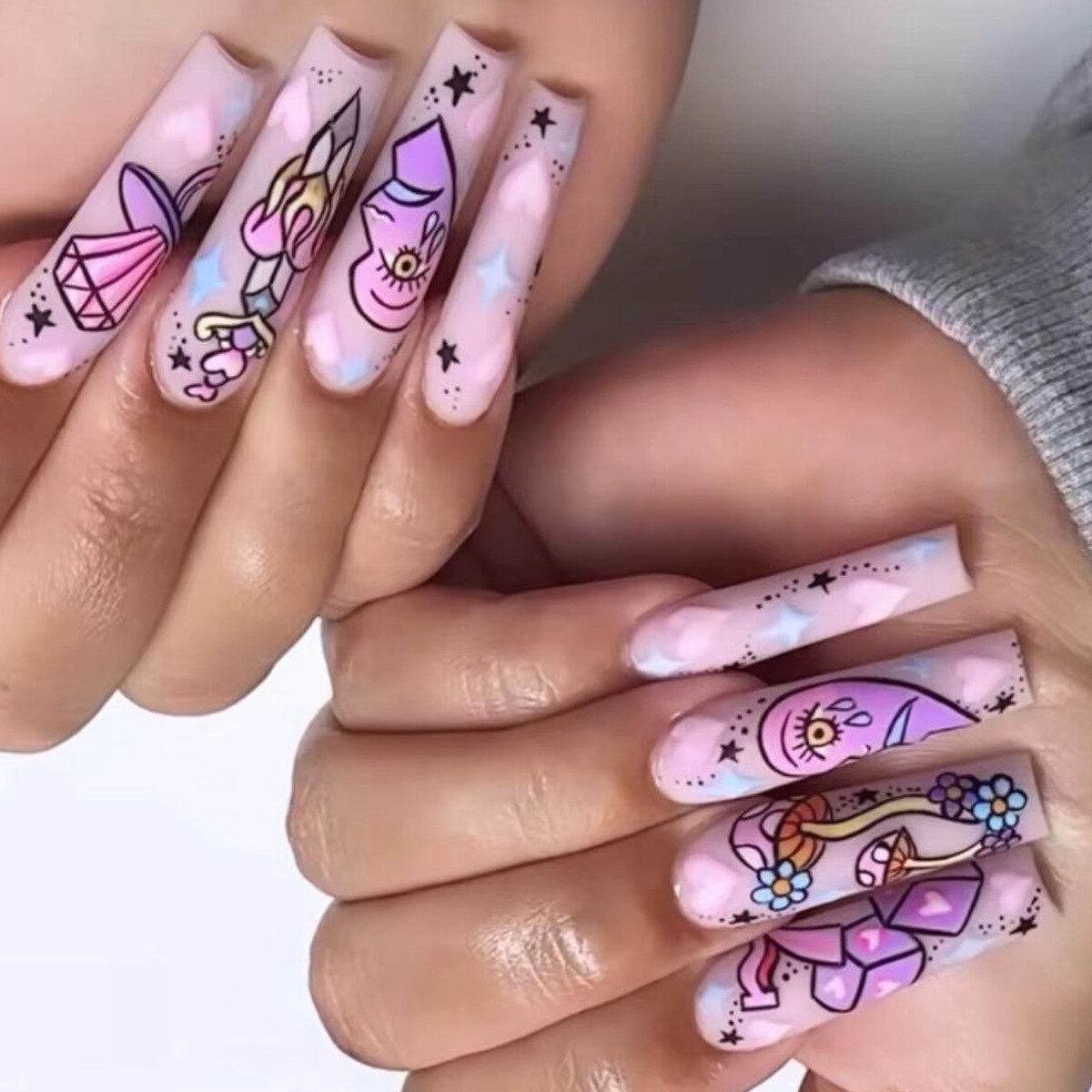 24pcs Removeable False Nails with Glue Ballet Nails with Designs Gradient Shinny Brown Press on Nails Coffin Glitter Fake Nails