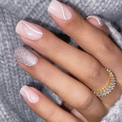 24pcs Removeable False Nails with Glue Ballet Nails with Designs Gradient Shinny Brown Press on Nails Coffin Glitter Fake Nails