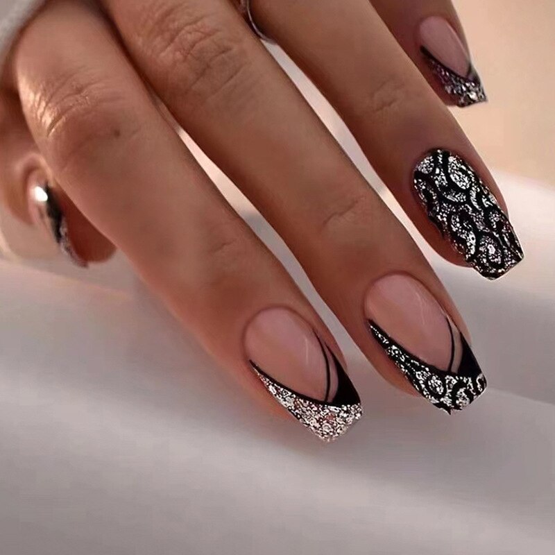 24pcs Removeable False Nails with Glue Ballet Nails with Designs Gradient Shinny Brown Press on Nails Coffin Glitter Fake Nails