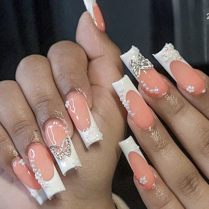24pcs Removeable False Nails with Glue Ballet Nails with Designs Gradient Shinny Brown Press on Nails Coffin Glitter Fake Nails