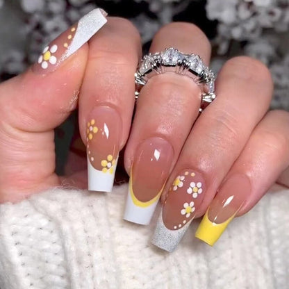 24pcs Removeable False Nails with Glue Ballet Nails with Designs Gradient Shinny Brown Press on Nails Coffin Glitter Fake Nails