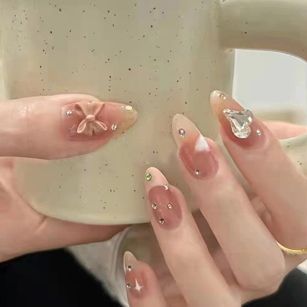 24pcs Rhinestone Design Fake Nails Shiny Bridal Women Lady party nail DIy Decorations Press On nail Tips False Nail Patch