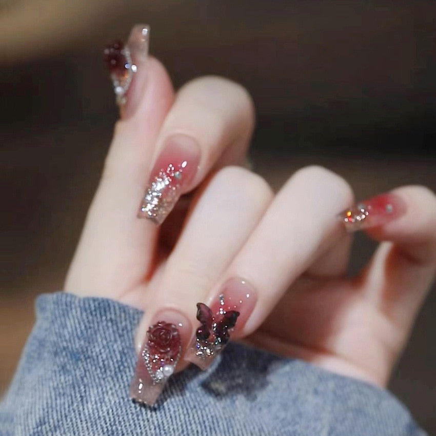 24pcs Rhinestone Design Fake Nails Shiny Bridal Women Lady party nail DIy Decorations Press On nail Tips False Nail Patch
