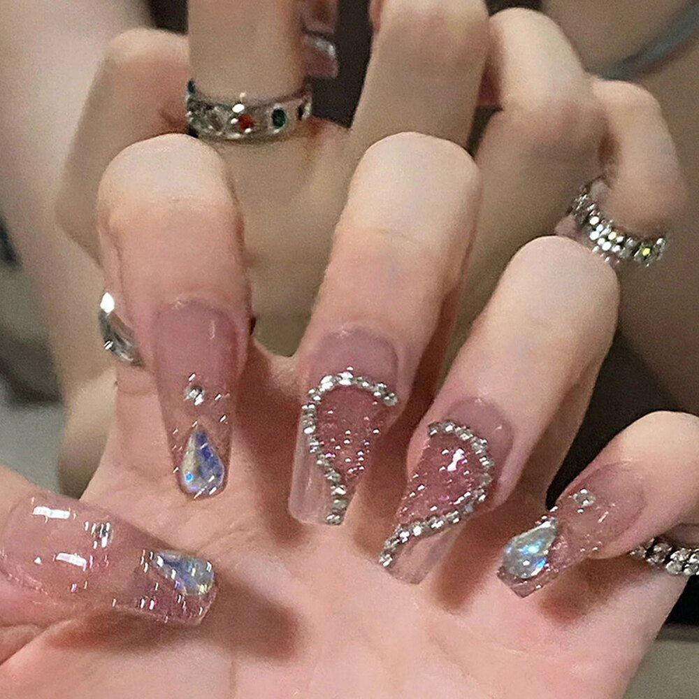 24pcs Rhinestone Design Fake Nails Shiny Bridal Women Lady party nail DIy Decorations Press On nail Tips False Nail Patch