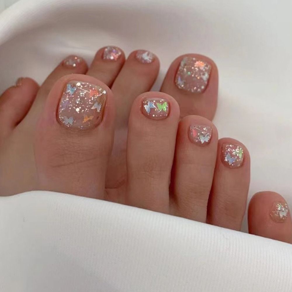 24pcs Shining Crystal French Fake Toenails Full Cover Short Square Toe Nails Foot Nails Tips for Women Girls Toenail Tips 2024