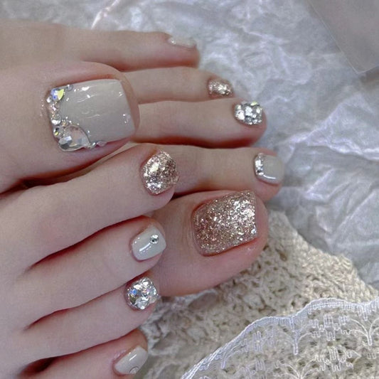 24pcs Shining Crystal French Fake Toenails Full Cover Short Square Toe Nails Foot Nails Tips for Women Girls Toenail Tips 2024