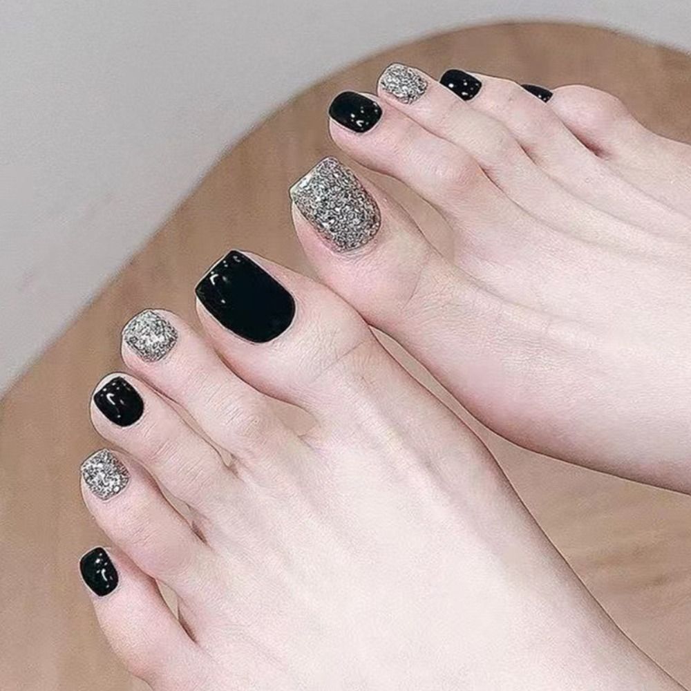 24pcs Shining Crystal French Fake Toenails Full Cover Short Square Toe Nails Foot Nails Tips for Women Girls Toenail Tips 2024