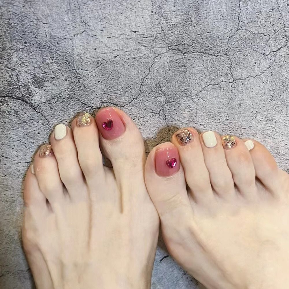 24pcs Shining Crystal French Fake Toenails Full Cover Short Square Toe Nails Foot Nails Tips for Women Girls Toenail Tips 2024
