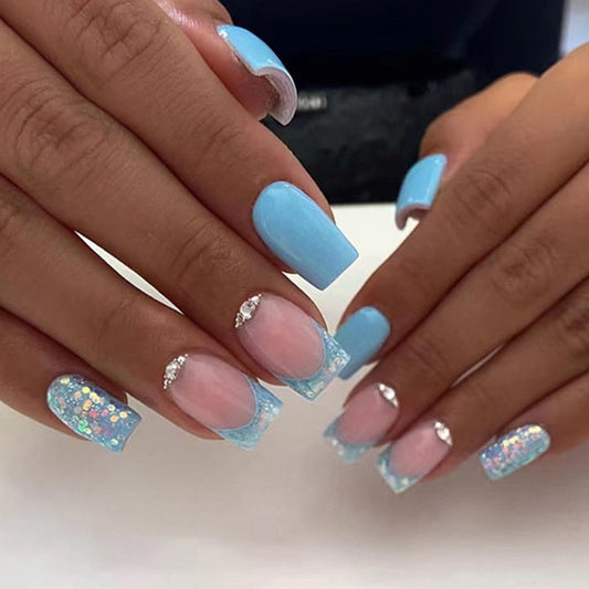 24pcs Short Square Explosive Diamond Sky Blue Armor Enhancements Fake Nails Press On Nails Full Cover Detachable Fingernails