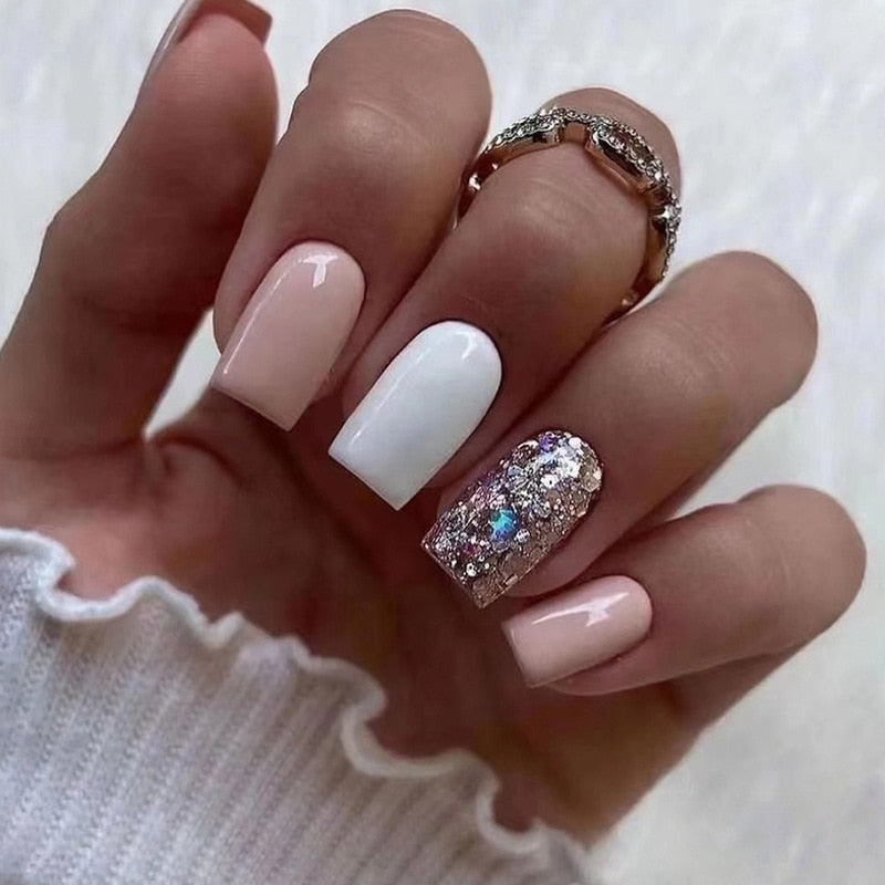 24pcs Silver glitter artificial fake nails with glue sweet cool y2k false nails with designs removeable french press on nails