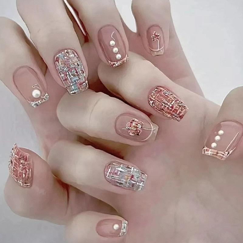 24pcs Silver glitter artificial fake nails with glue sweet cool y2k false nails with designs removeable french press on nails