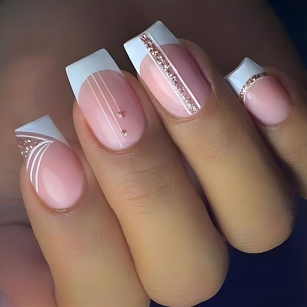 24pcs Silver glitter artificial fake nails with glue sweet cool y2k false nails with designs removeable french press on nails