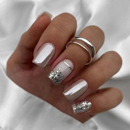 24pcs Silver glitter artificial fake nails with glue sweet cool y2k false nails with designs removeable french press on nails