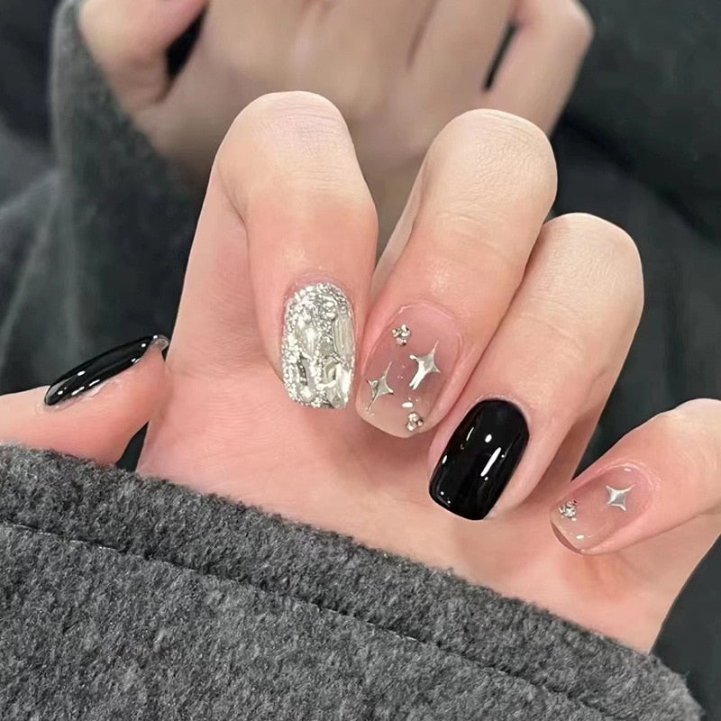 24pcs Silver glitter artificial fake nails with glue sweet cool y2k false nails with designs removeable french press on nails