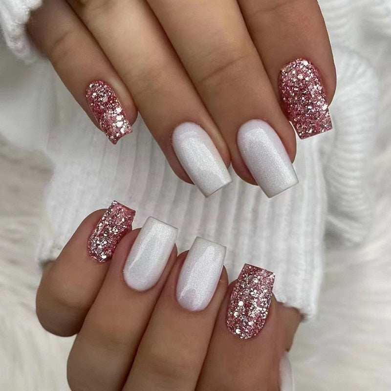 24pcs Silver glitter artificial fake nails with glue sweet cool y2k false nails with designs removeable french press on nails