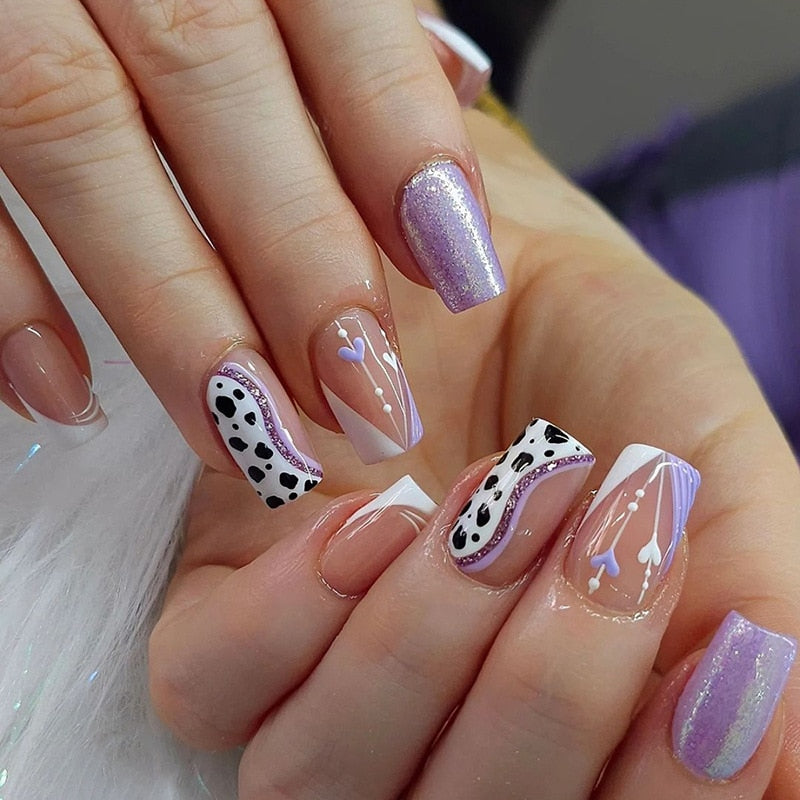24pcs Silver glitter artificial fake nails with glue sweet cool y2k false nails with designs removeable french press on nails