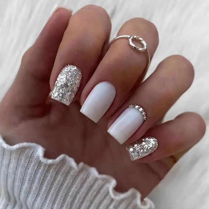 24pcs Silver glitter artificial fake nails with glue sweet cool y2k false nails with designs removeable french press on nails