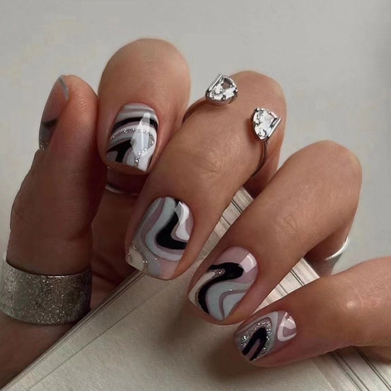 24pcs Silver glitter artificial fake nails with glue sweet cool y2k false nails with designs removeable french press on nails