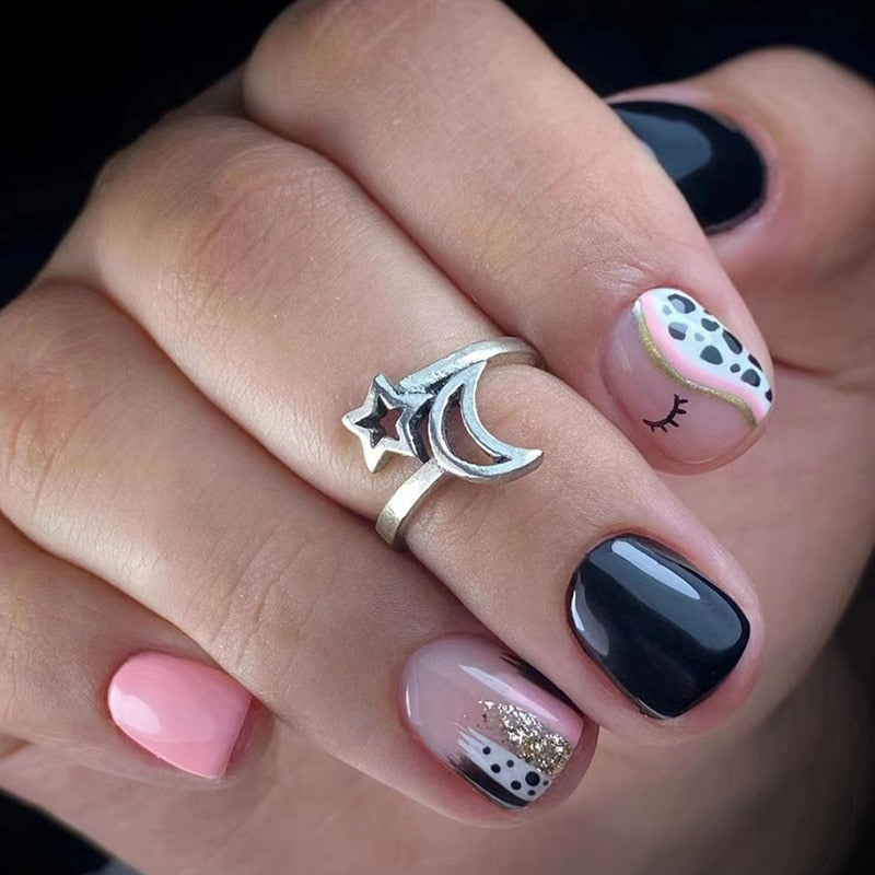 24pcs Silver glitter artificial fake nails with glue sweet cool y2k false nails with designs removeable french press on nails