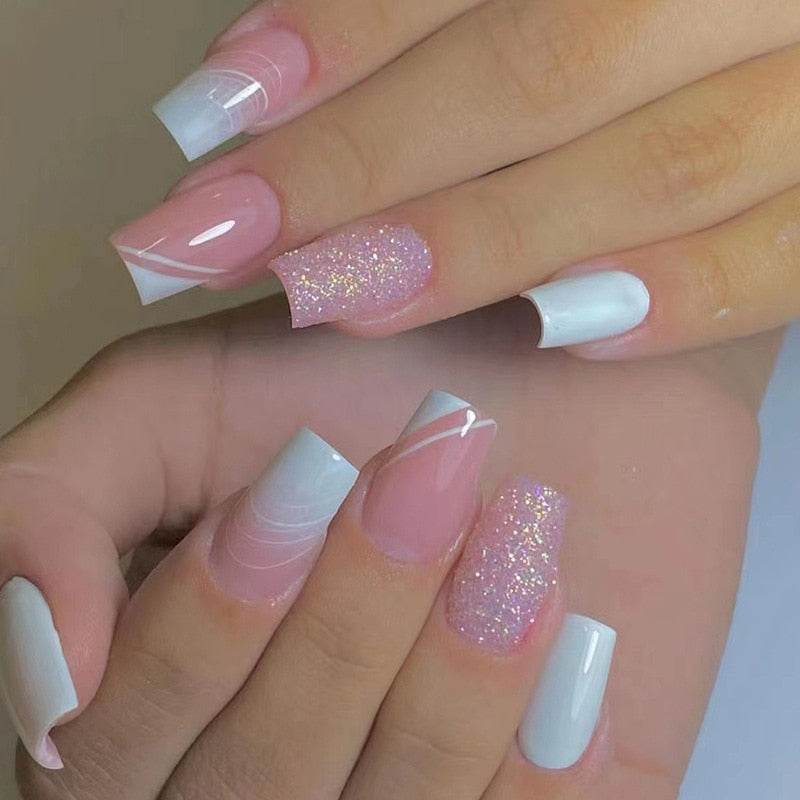 24pcs Silver glitter artificial fake nails with glue sweet cool y2k false nails with designs removeable french press on nails