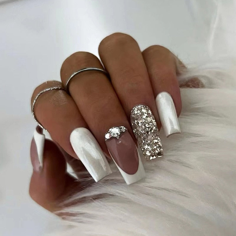 24pcs Silver glitter artificial fake nails with glue sweet cool y2k false nails with designs removeable french press on nails