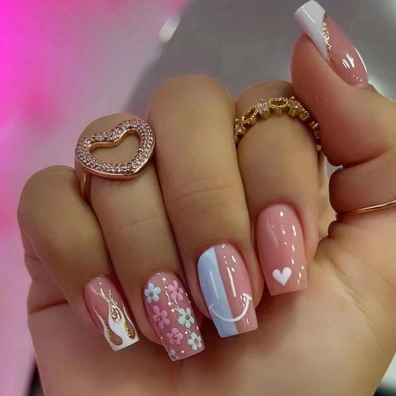 24pcs Silver glitter artificial fake nails with glue sweet cool y2k false nails with designs removeable french press on nails