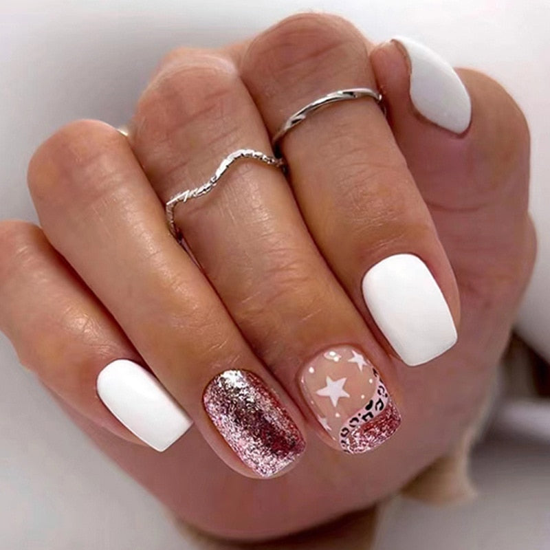 24pcs Silver glitter artificial fake nails with glue sweet cool y2k false nails with designs removeable french press on nails