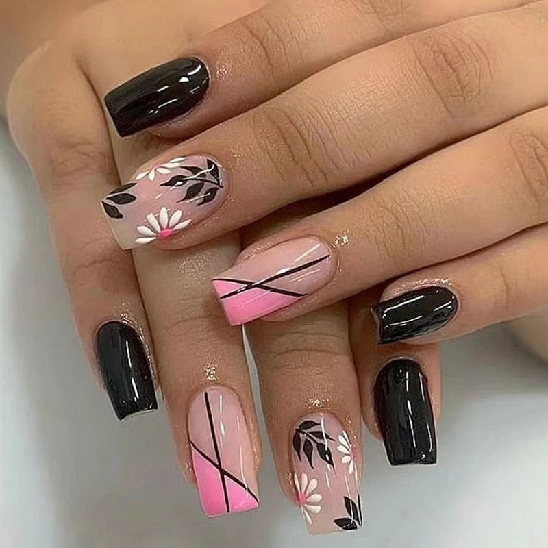 24pcs Silver glitter artificial fake nails with glue sweet cool y2k false nails with designs removeable french press on nails